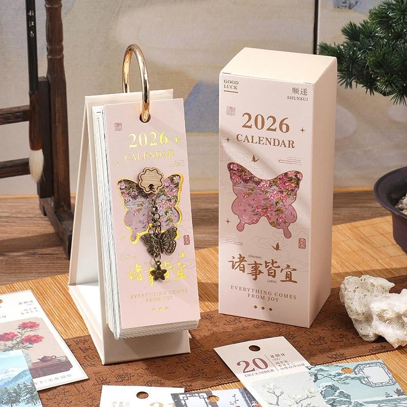 2026 Desk Calendar With Gold Ring Binding 365 Days Vintage Oil Painting Inspirational Quotes One-Way Page Turn Daily Planner