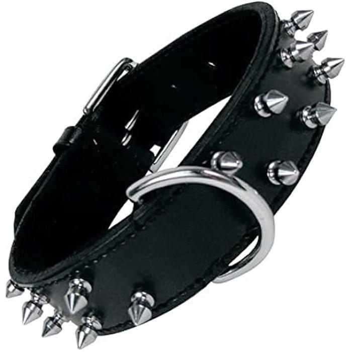 Collier - GLORIA - Col De Fourrure - Cuir Noir - 2 Rangées De Pointes - Ajustable