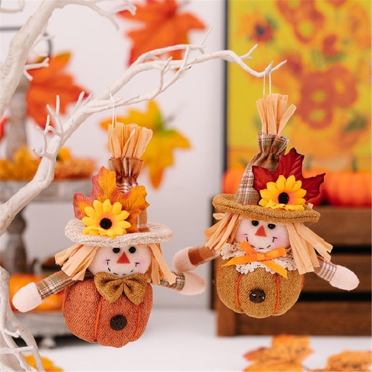 Flower and Leaf Autumn Scarecrow Plush Dolls Thanksgiving Harvest Holiday Hanging Ornament Decors for Home and Office
