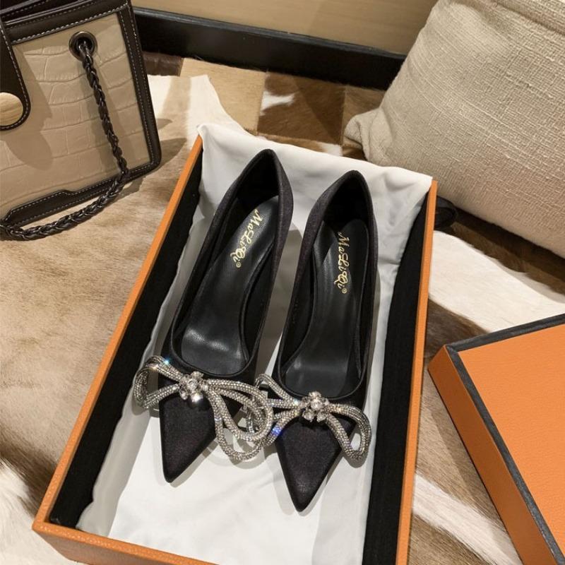Wedding Shoes White Bow High Heels Spring and Autumn New Pointed Thin Heel Shallow Mouth Rhinestone Single Shoes Women