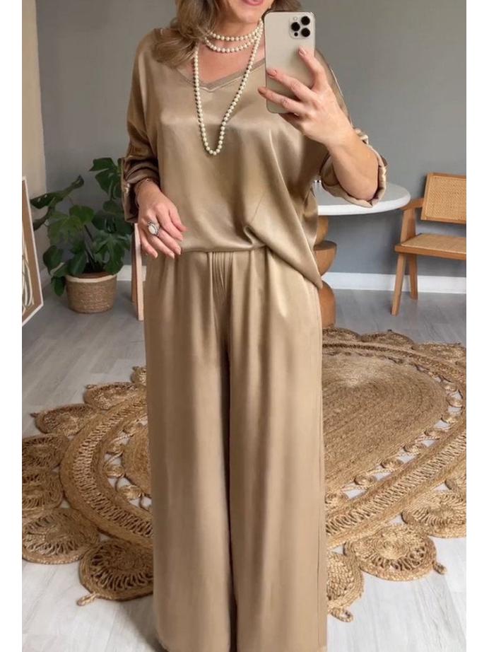

2026 New Casual V-Neck Short-Sleeve Wide-Leg Pants Set 2X Large золотой
