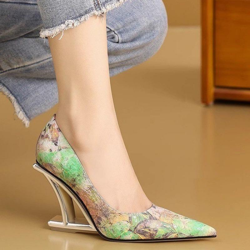 Spring Pumps Women Shoes Flower Totem Slip-On Shallow Shoes Wedding Party Pointed Toe High Heels Pump Femme Special-shaped Heel