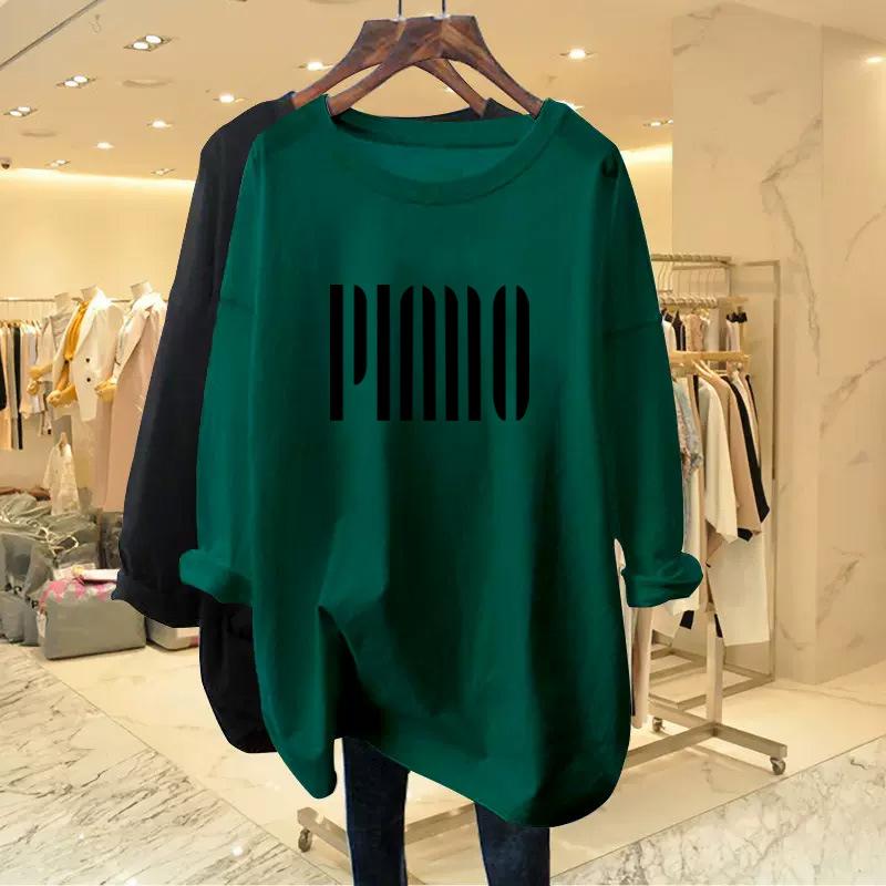 Women's Crew Neck Long Sleeve Tunic Top Loose Fit Korean Style Vertical Letter Print Pure Cotton Casual Fashion Tee Shirt