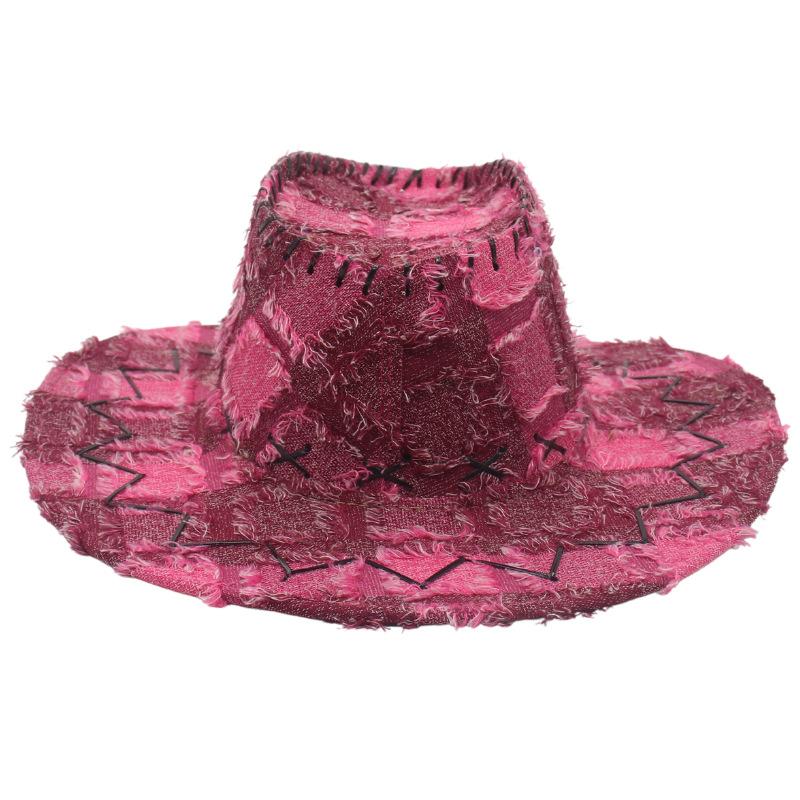 Ragged Old Western Cowboy Hat Jazz Style Bowler Hat Chequered Pattern Handsome Wearable Comes with Windproof Rope