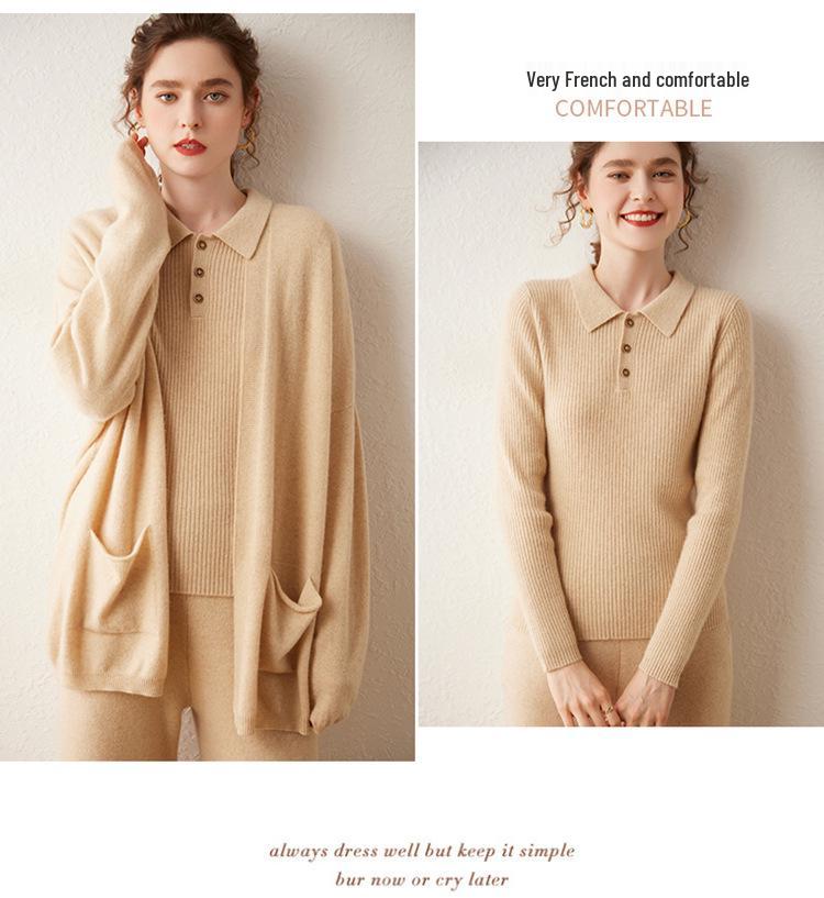 Women's Cashmere Polo Collar Ribbed Sweater – Long Sleeve, Button Closure, Perfect for Autumn and Winter