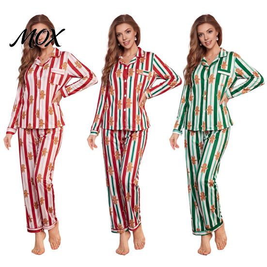Comfortable Home Wear Christmas Pajamas 2-Piece Set for Women, Striped Gingerbread Man Print Lounge Set, Button Down Long Sleeve Top Pants Sleepwear