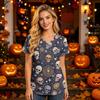 Women's V-Neck Short Sleeve Scrub Top with Pockets Halloween Print Caregiver Uniform
