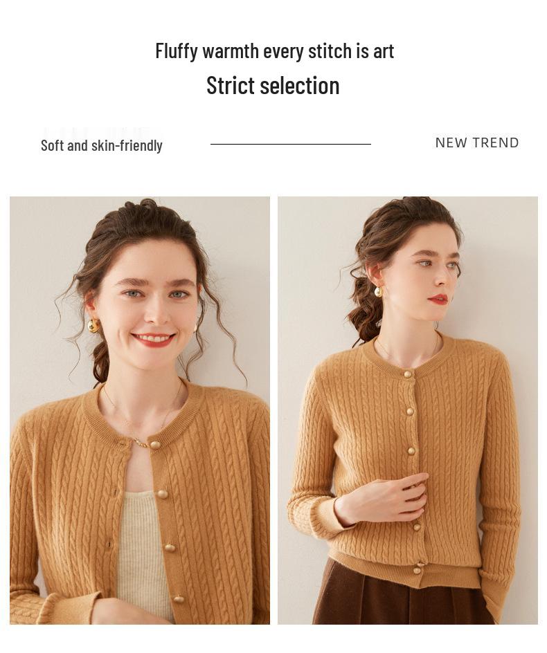 Women's Cashmere Long Sleeve Round Neck Cardigan Sweater - Autumn/Winter Cable Knit Wool Outerwear