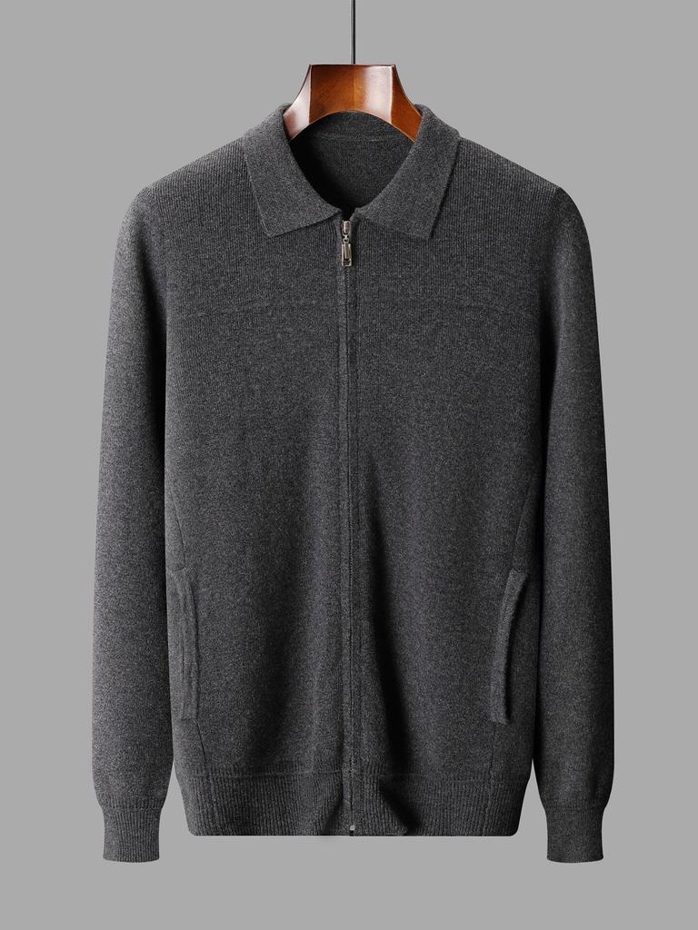 Men's Casual Lapel Pure Wool Zipper Cardigan - Thickened Knit Outerwear for Autumn/Winter