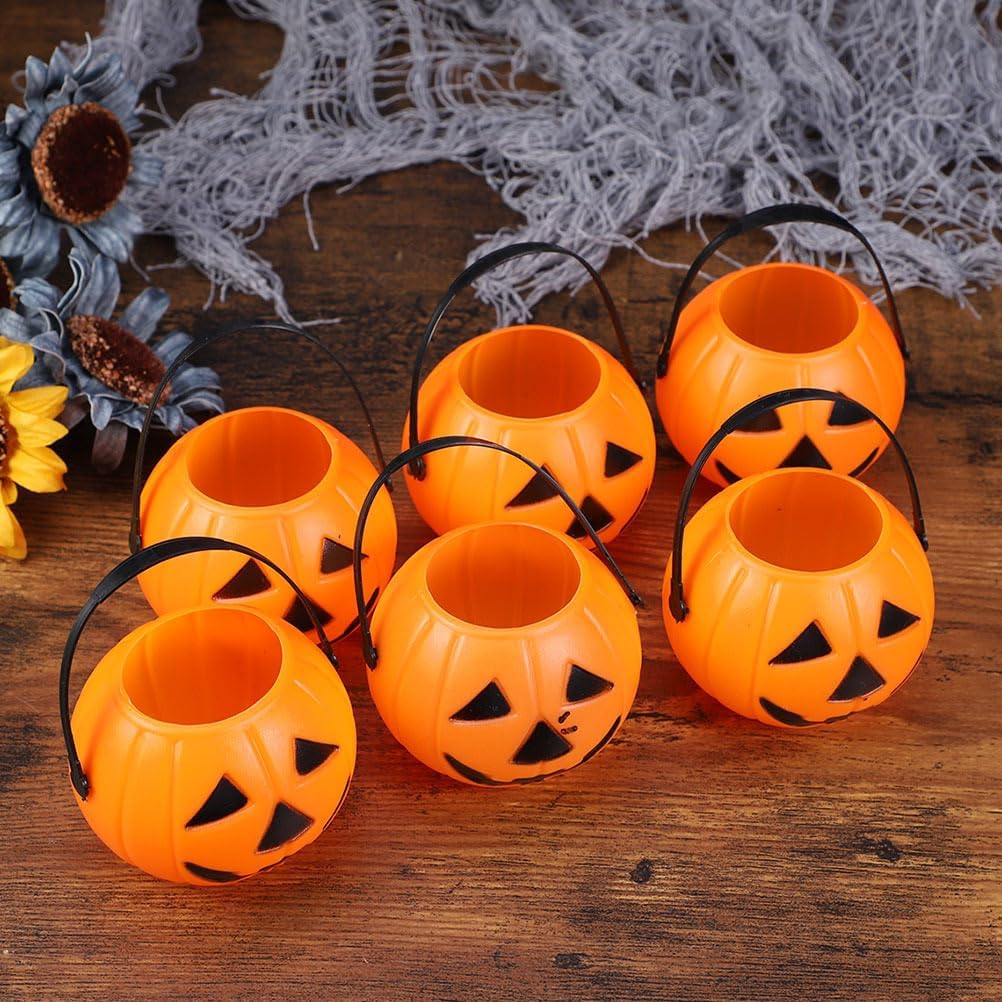 Vaguelly 15Pcs Halloween Pumpkin Bucket Trick or Treat Pumpkin Bucket with Handle Small Candy Holder Plastic Orange Jack O Lantern Candy Basket Bags