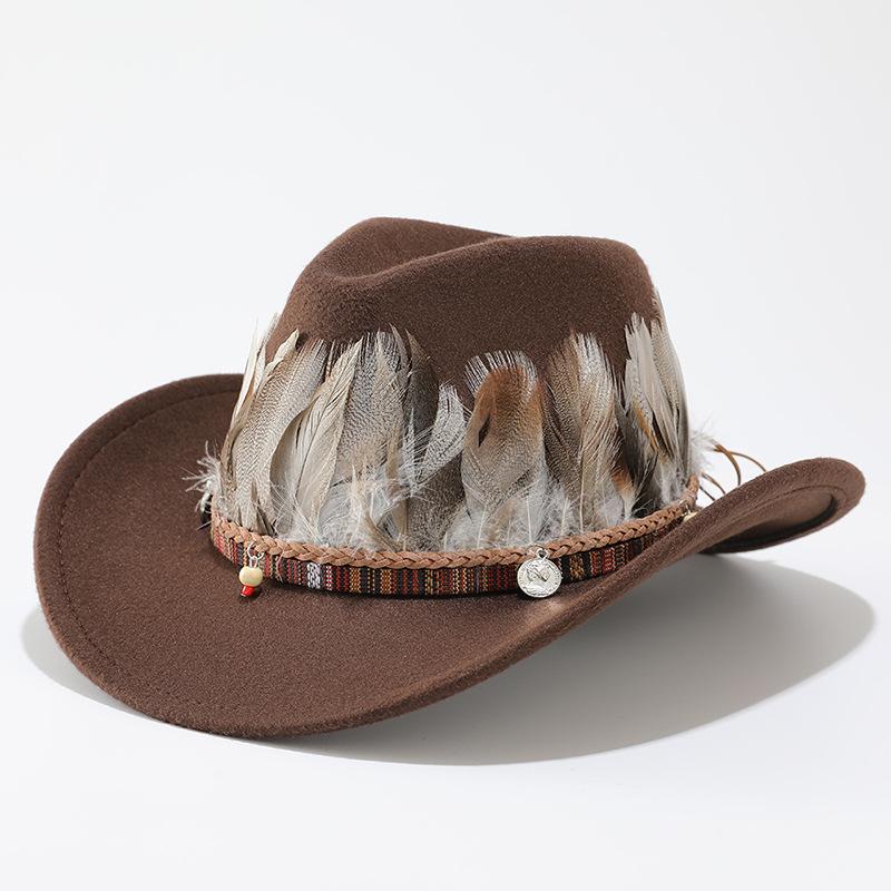 Autumn and winter new woolen top hat men and women couple hat minority style feather decorative western cowboy hat