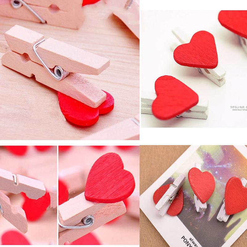 20 Pcs Stylish Wooden Red Love Heart Pegs Photo Paper Clips Wedding Decor Craft