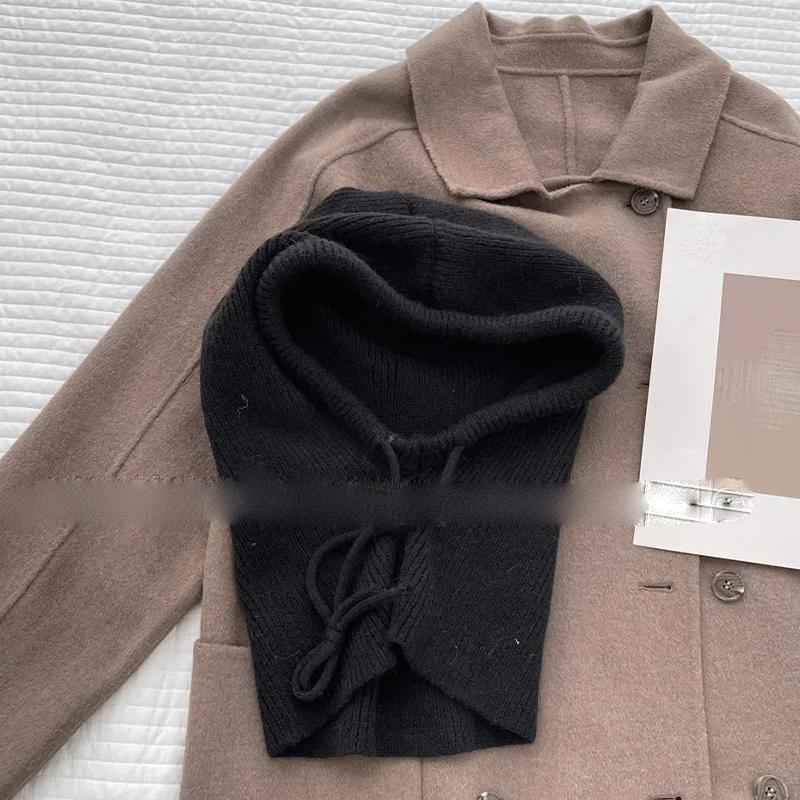 

Women Korean Style Outdoor Warmer Drawstring Hats One Piece Neck Collar Beanies Cap Knitted Hooded Caps Winter Balaclava Hats One Size чёрный