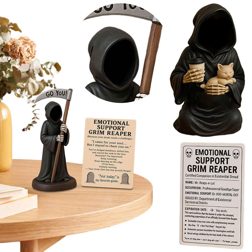 Figur av Döden med Emotionellt Stöd, Handmålad Resin-Statyett av Döden som Håller Kaffe & Katt med Kort för Emotionellt Stöd