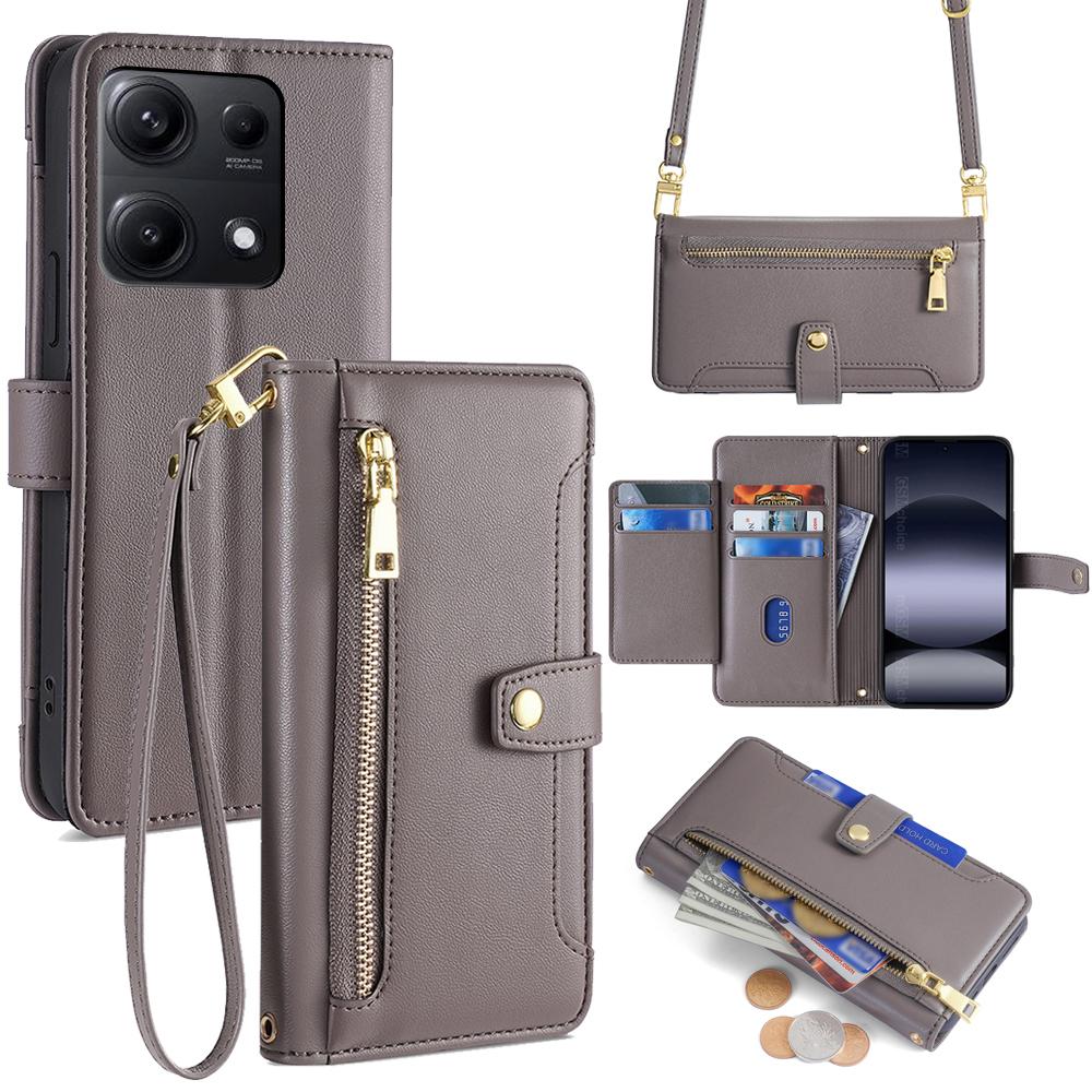 For Xiaomi Redmi Note 14S 4G Leather Case Zipper Pocket Wallet Phone Cover with 2 Straps