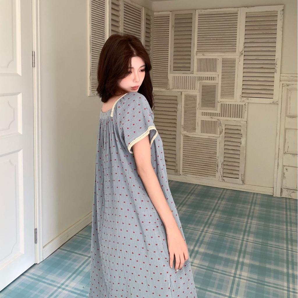 [Gentle Minor] Cotton Nightdress Summer Korean ins Small Fresh Age Reduction Polka Dot Lace Mori Silkworm Weiss