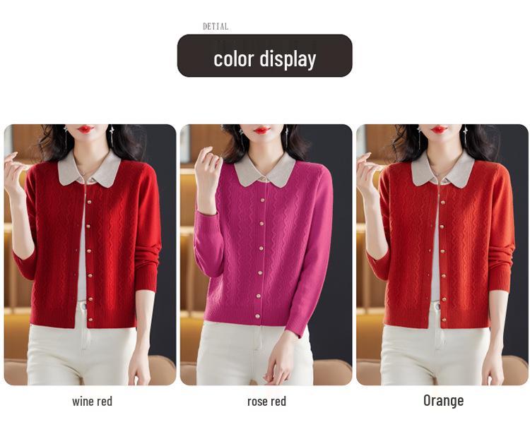 Autumn Pure Wool Color Block Cardigan for Stylish Middle-Aged Women