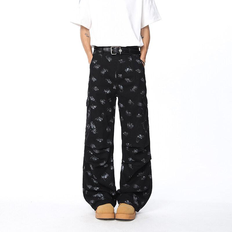 

Full print pleated jeans men s summer trousers cleanfit large pocket overalls 3XL