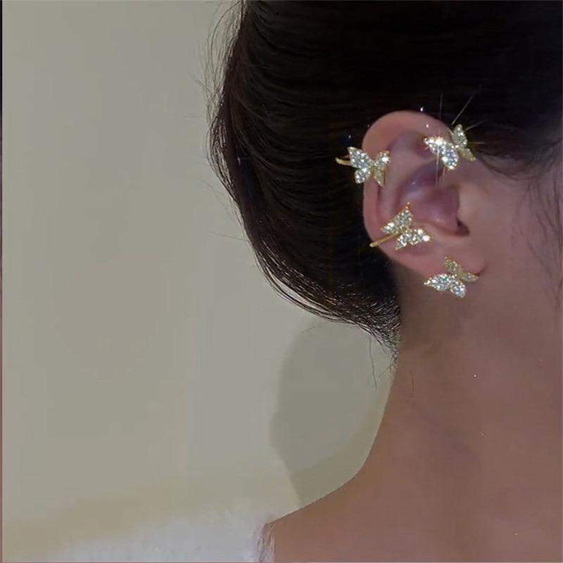 New Arrival Shiny Crystal Butterfly Ear Cuff Clip Earrings For Women Fashion Tassel Chain Flower Stud Earrings Wedding Jewelry