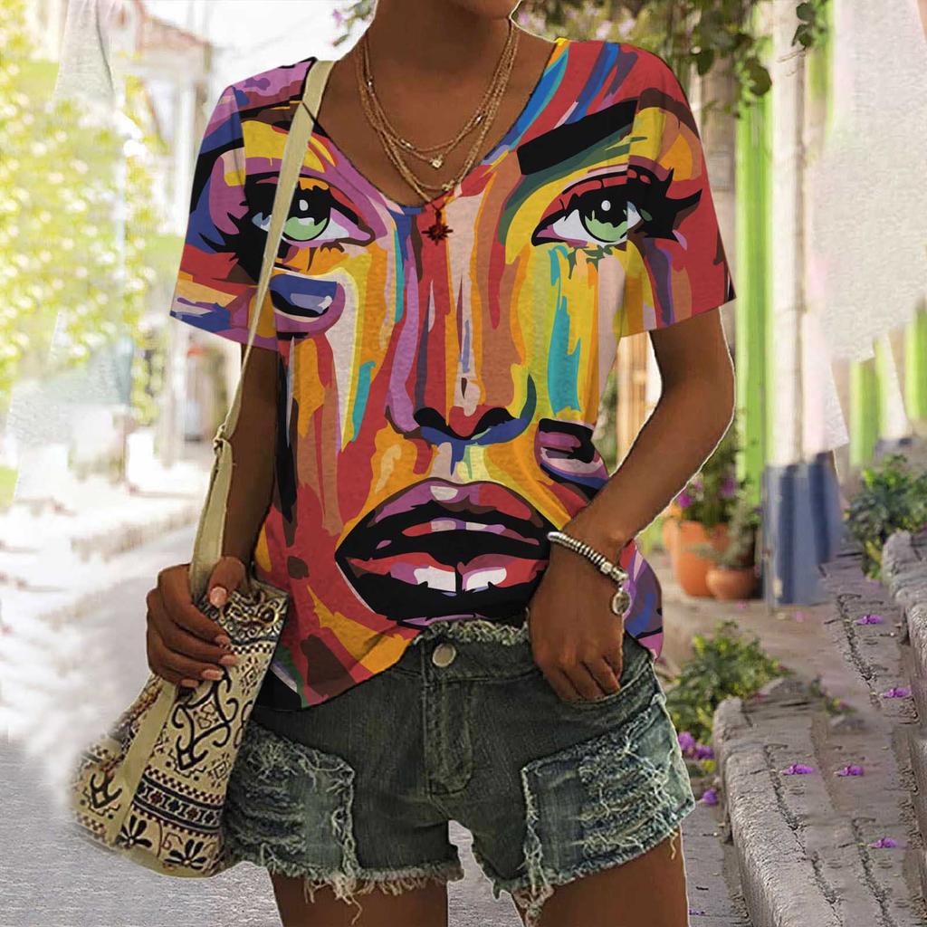 3D Painting Face Women's T-shirt Basic Harajuku Tops Summer Casual Short Sleeve V-Neck Loose Streetwear Female Fashion Pullover