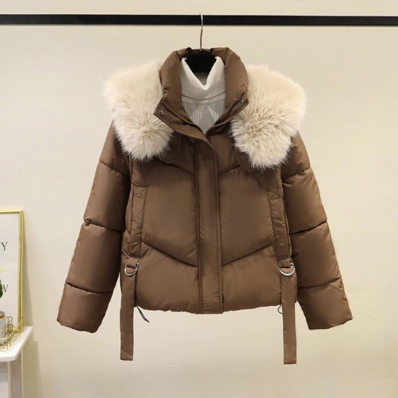 Womens Thick Puffer Coat With Detachable Faux Fur Collar Short Warm Winter Jacket Slim Fit Cotton-Padded Outerwear