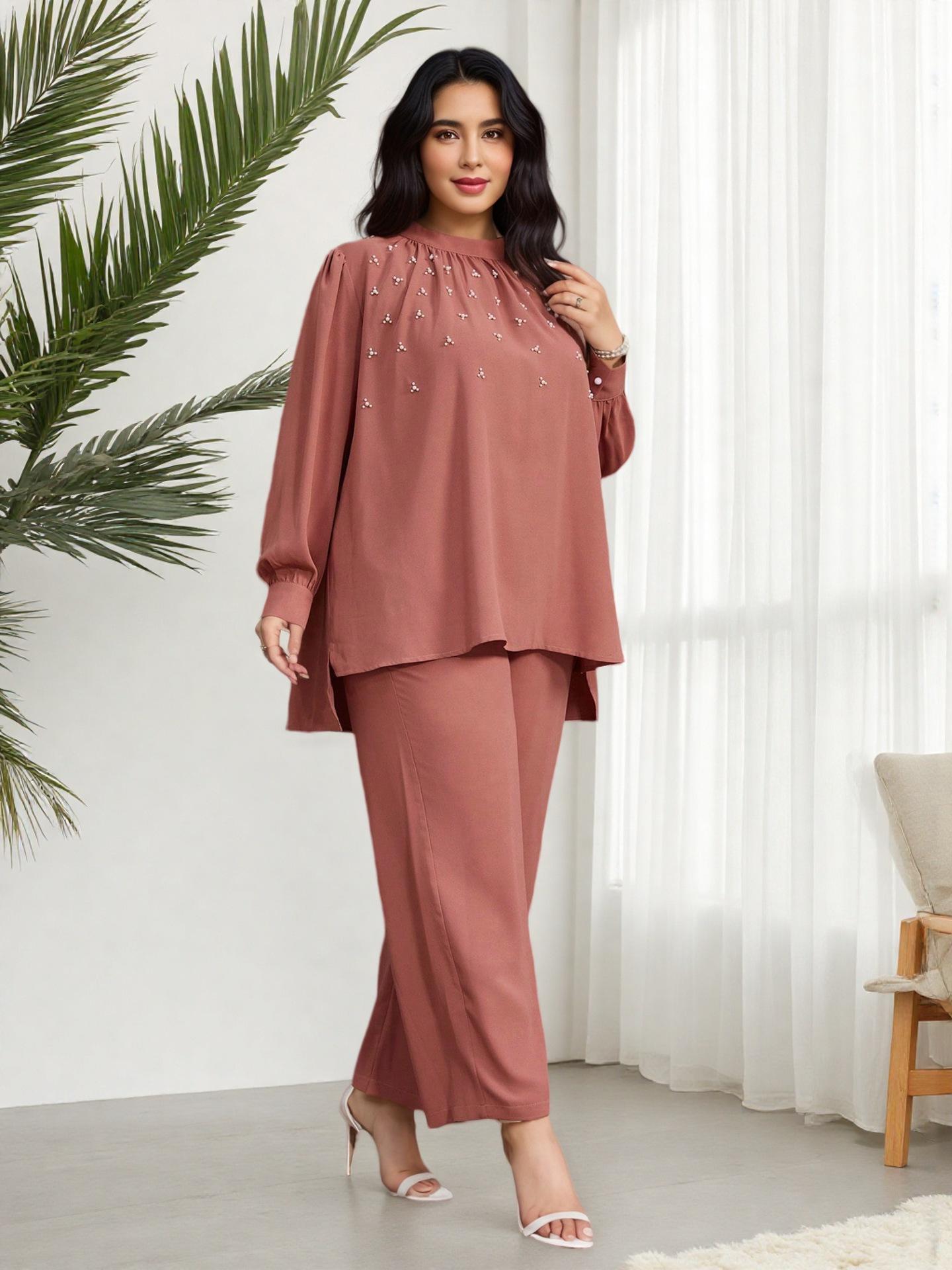 

Middle Eastern Plus Size Women s Beaded Loose Two-Piece Set: Pink Stand Collar Top & Wide-Leg Pants Plus Size XS світло-рожевий колір