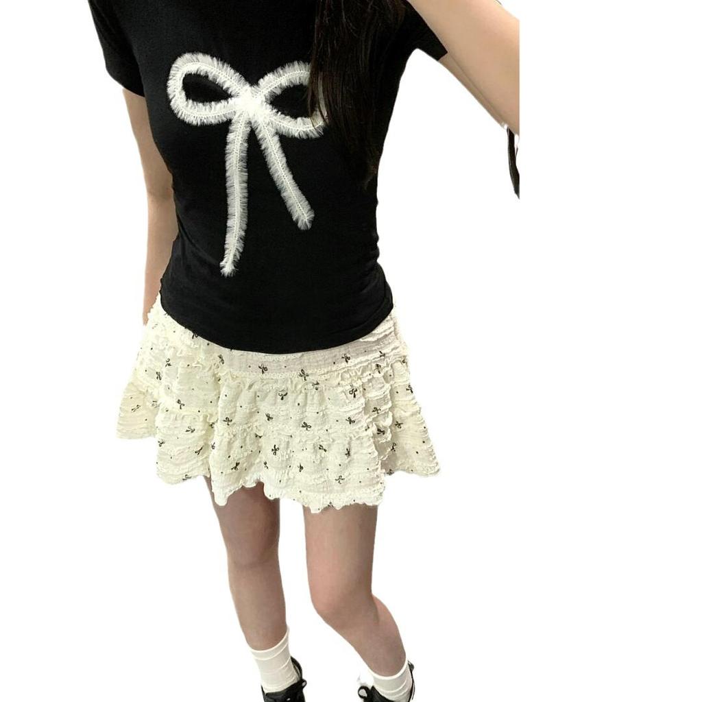 Design bow slim and thin short-sleeved T-shirt summer new niche ins fashion chic Spice Girl top