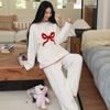 Apricot Bow Round Neck Pullover Women's Autumn and Winter Thickened Loose Home Pajamas Set