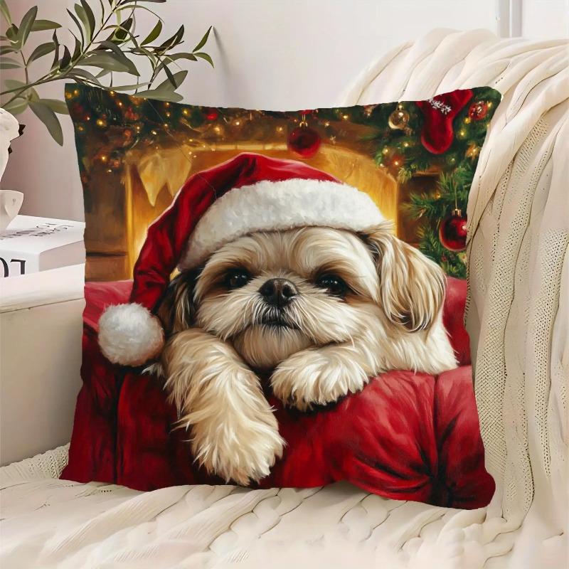 1pc Christmas Shih Tzu Printed Pillowcase, Featuring a Close-up Oil Painting-style Shih Tzu Wearing a Santa Hat, Paired with a Warm Fireplace and Chri