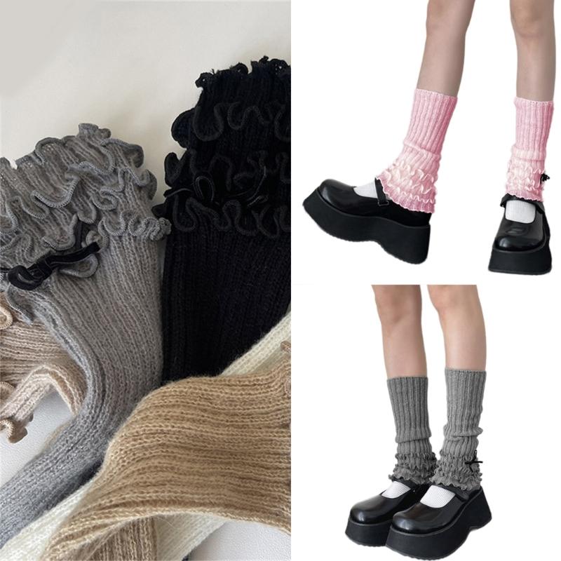 Ribbed Knit Boot Cuffs Footless Socks with Elegant Bows Designs for Women Layered Ruffle Edge Leg Warmers Streetwear