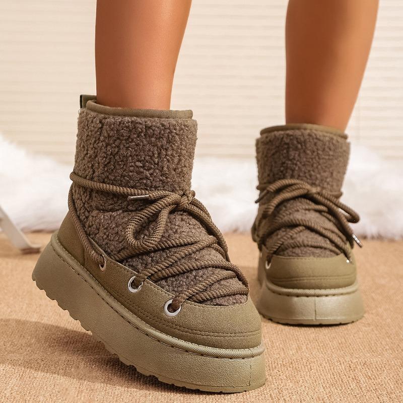 Women's New Winter Fleece Lined Thickened Elevated Chunky Sole Lace Up Fashionable Warm Cotton Boots