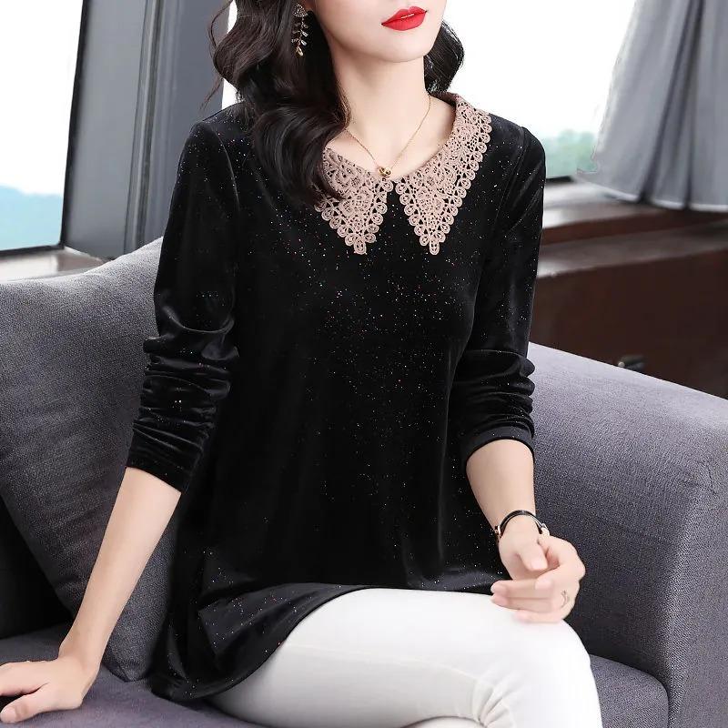 Baby Doll Collar Gold Velvet Bottoming Shirt Women's Long-sleeved T-shirt Spring and Autumn New Fashion Large Size Black Top