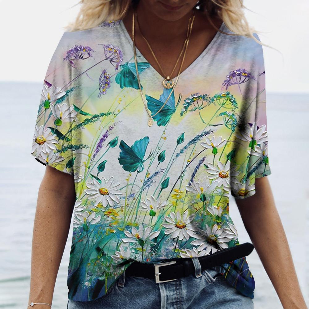 Summer New Women's T-shirt 3D Elegant Atmosphere V-neck Short Sleeve Shirt Fashion