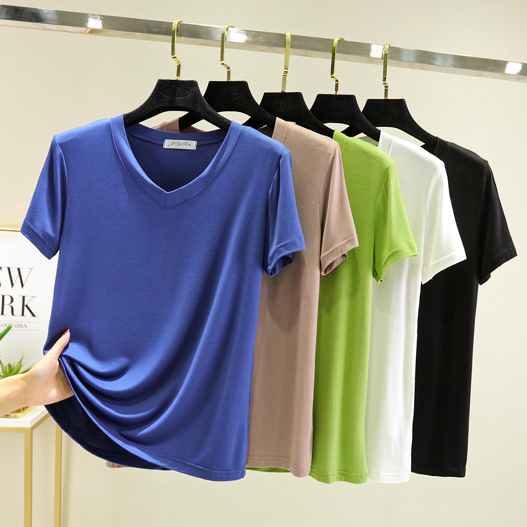 

2025 Women s Modal V-neck Slimming Short Sleeve Cotton Top XXL