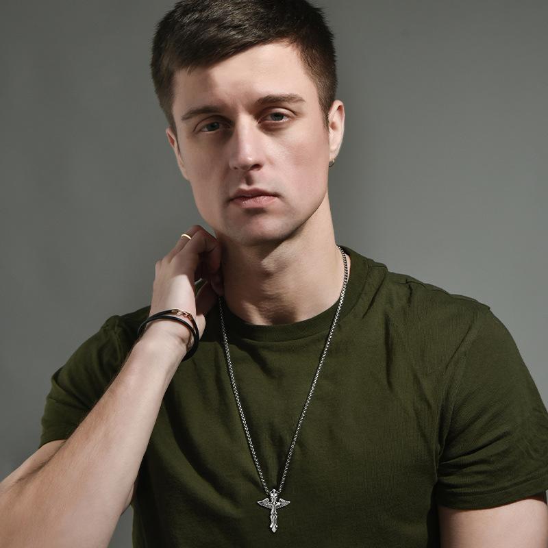 Angel Wings Cross Cool Men'S Titanium Steel Necklace Hip Hop Punk Hipster Street Jewelry Pendant