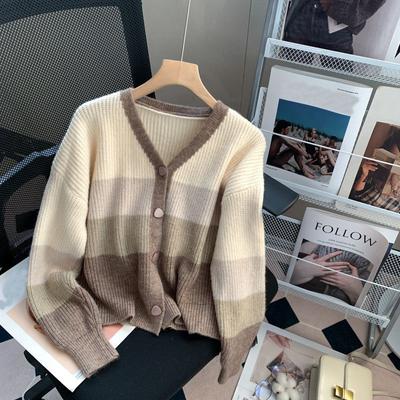 Cardigan Contrasting Striped V-neck Knitted Sweater Jacket for Women Autumn and Winter Loose Vintage Sweater Female Top