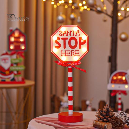 Christmas Street Sign Light with Bowknot Santa Stop Here North Pole Letter Vintage Reusable Xmas Holiday Decoration Desktop Guideboard LED Lamp