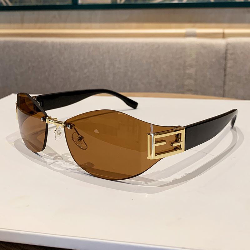 Women's Retro Frameless Oval Curved Lens Sunglasses Metal Sunglasses