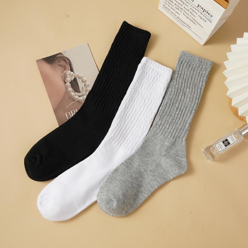 3 Pairs Womens Calf Socks Middle Length Scrunch Stacked Sock Cotton Boot Socks for Girls Trendy Solid Color JK Student Socks