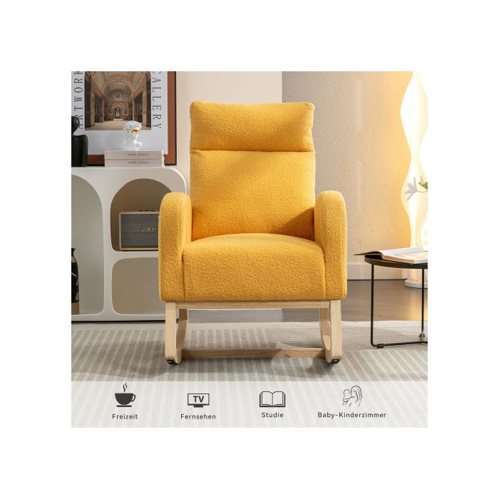 Fauteuil à bascule moderne du milieu du siècle, tissu ours en peluche, assise rembourrée, jaune