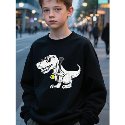 Kids Unisex Black Crewneck Sweatshirt, Cool Dinosaur With Sunglasses Lacrosse Stick And Ball Cartoon Print, Sweatshirt for Boys Girls Over 4 Years Old