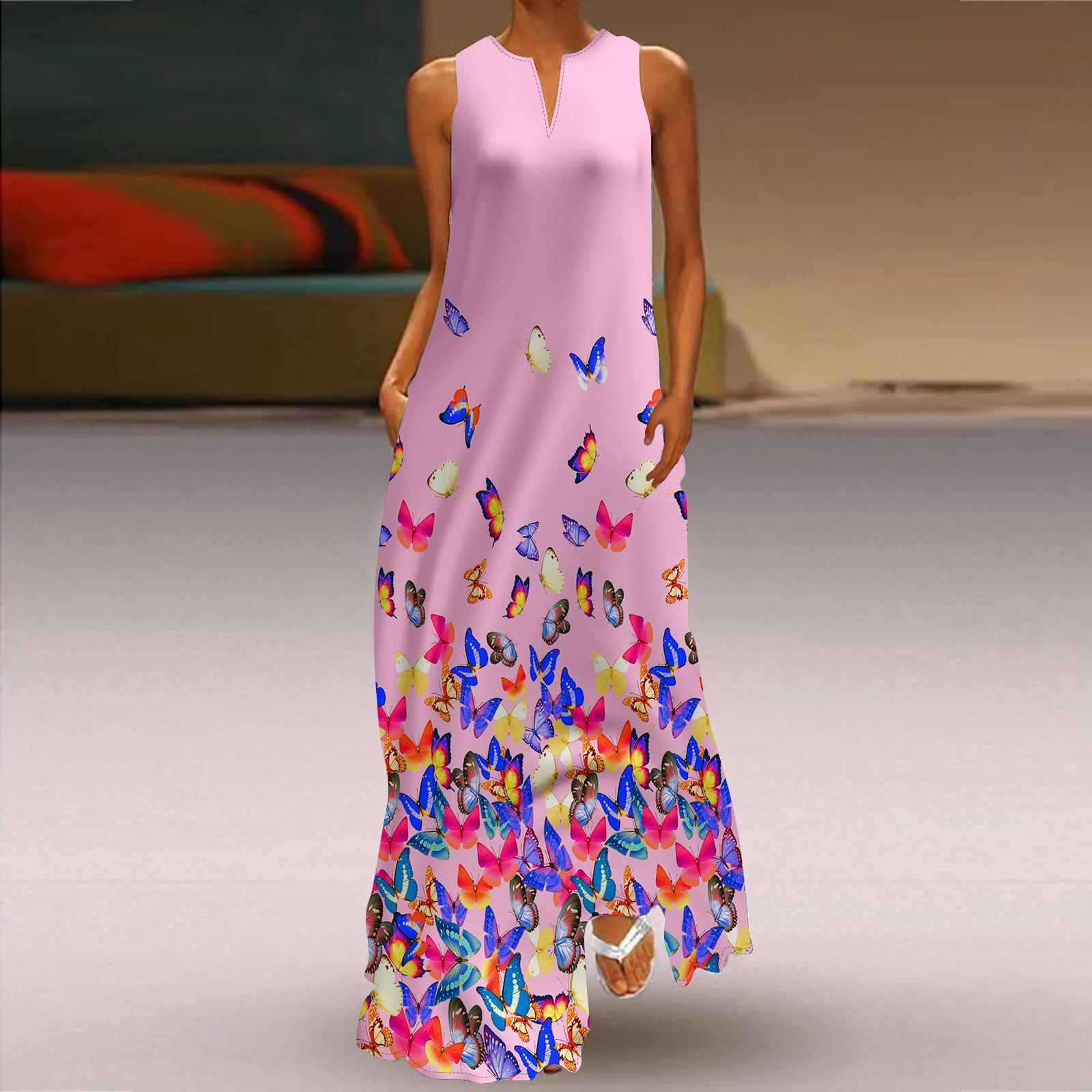 

Женское платье-трапеция Макси с длинными рукавами, без рукавов, с бабочкой и цветочным принтом, осень-зима, с v-образным вырезом, в стиле ретро, ​​элегантное 5XL розовый