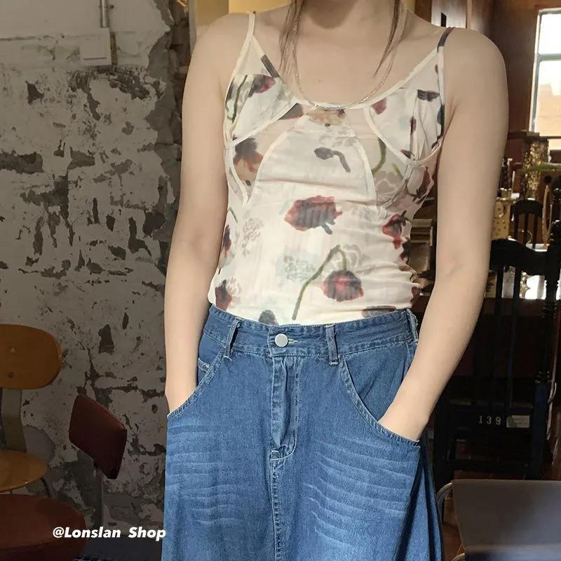 Γυναικείο Μπλουζάκι Camisole με Φλοράλ Σχέδιο Διάφανο Διχτυωτό Αμάνικο Crop Top Y2K Αισθητική