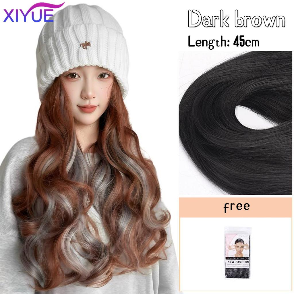 XIYUE Long Synthetic Straight Dark Brown Wigs with Hat Cap Adjustable Hair Wig with Hats for Ladies and Girls Daily Winter Wear