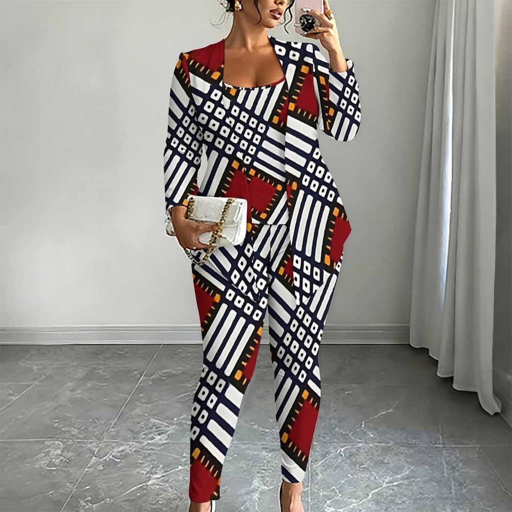 Plus Size Geometric Pattern Print 3 Piece Outfit, Long Sleeve Open Front Cardigan Cami Top Leggings Set for Women