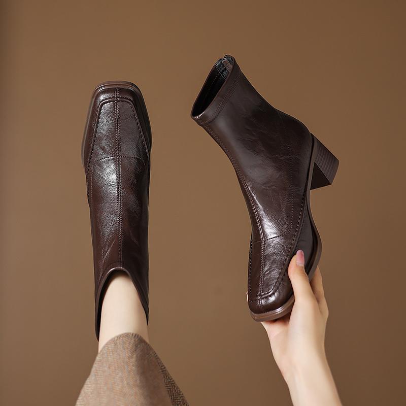 Fashion 2025 Autumn Women Boots Square Toe Chunky Heel Stretch Leather Women Shoes Short Modern Boots Winter Mid-calf High Heels Boots