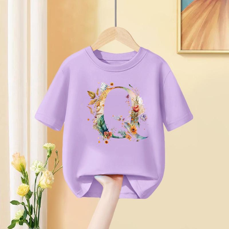 Mädchen T-Shirt 26 Englische Buchstaben A B C D Kindermode Blume T-Shirt Kinder Benutzerdefinierter Name Buchstabe Sommer Lila Kleidung
