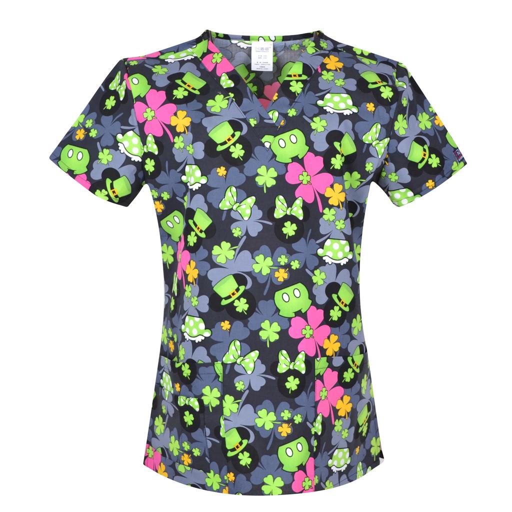 Hennar Uniforme de Trabalho Feminino 100% Algodão Estampado Uniformes Decote V Manga Curta XXS-3XL Hospitalar Clínico Uniforme de Trabalho Top