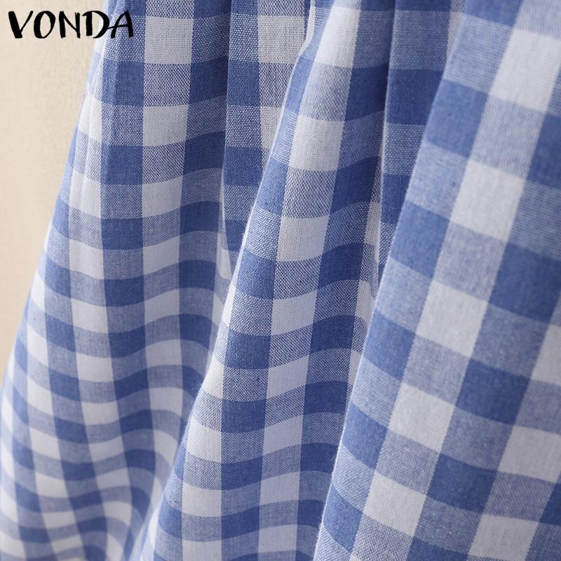 VONDA Women Patchwork Lace V Neck Puff Sleeve Plaid Print Casual Ruffled Dress