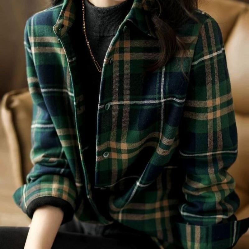 Fashionable Plus Size Women's Loose Plaid Shirt Comfortable Long Sleeve Coat